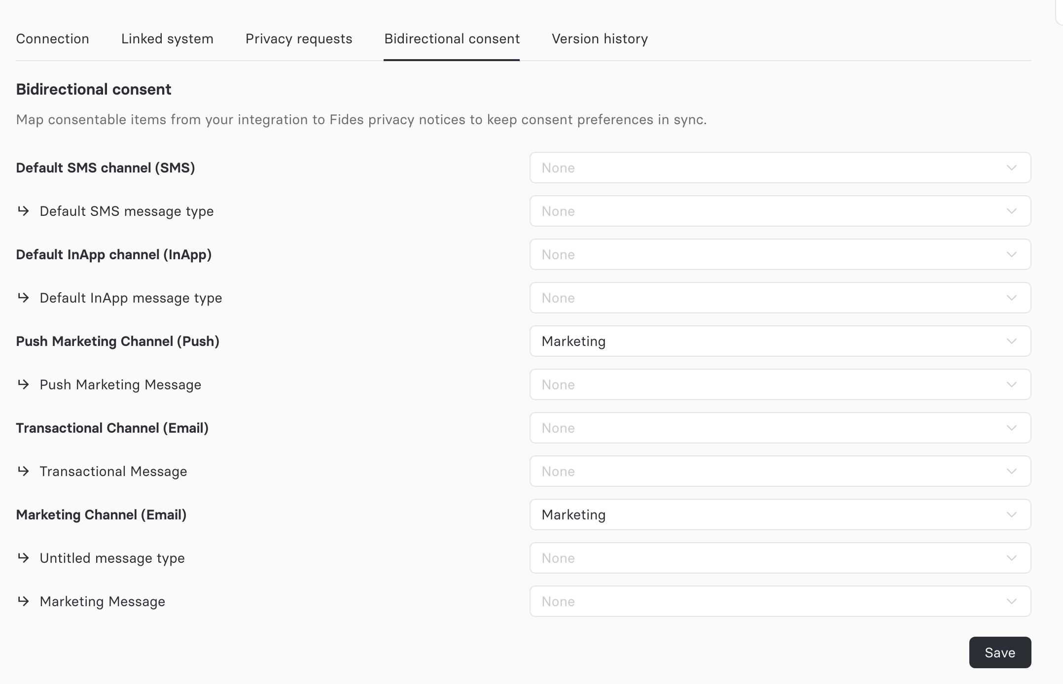 Bidirectional consent tab on an integration