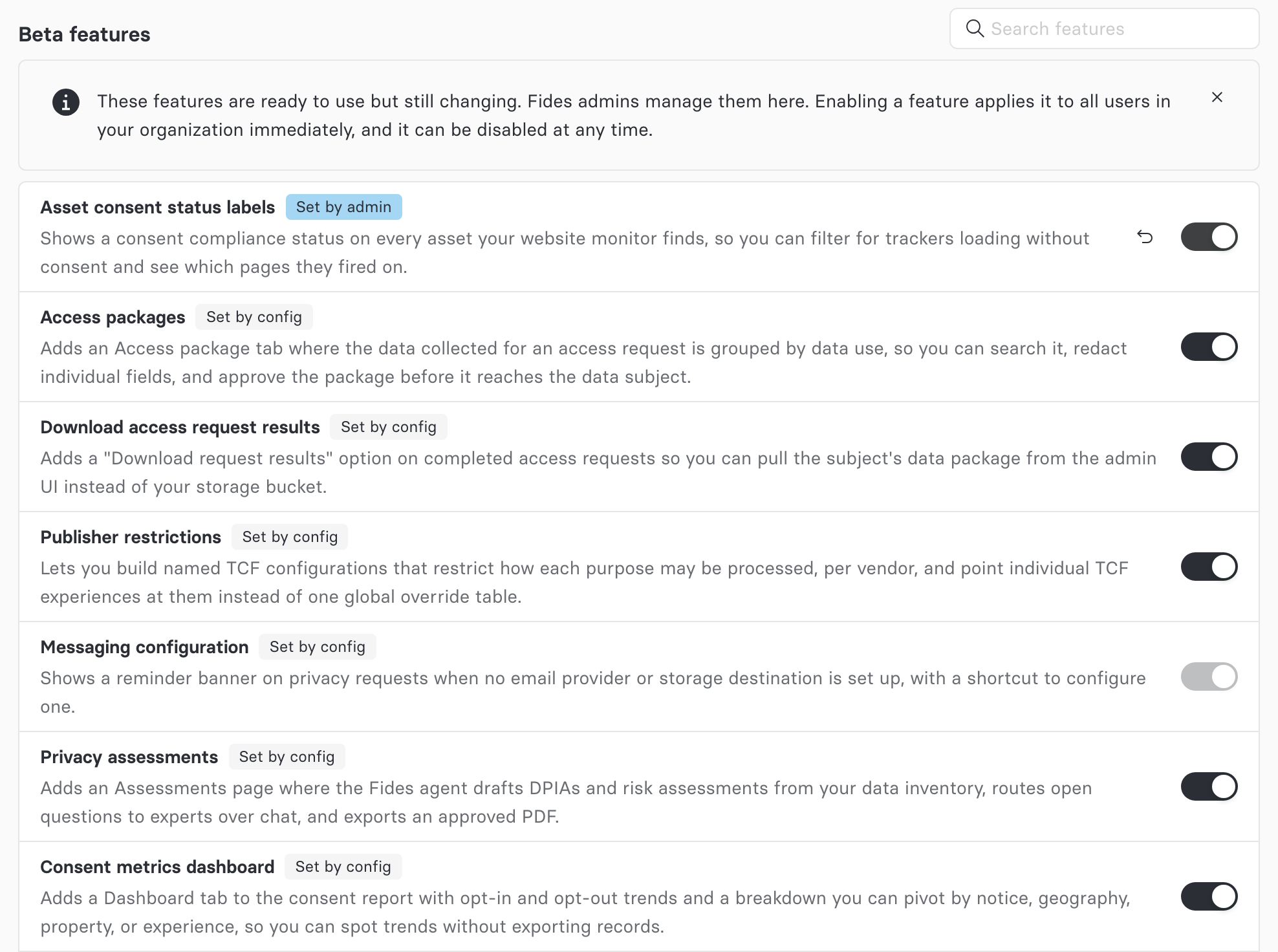 The Beta features section on Settings > About Fides, listing each flag with its provenance tag and toggle