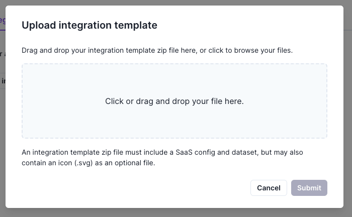 A screenshot showing the click or drag to upload custom integration modal.