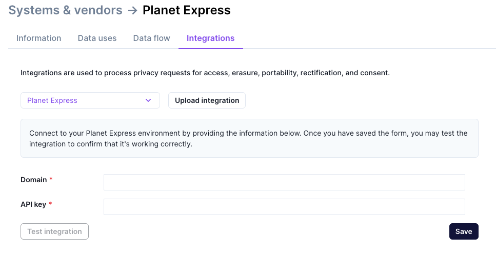 A screenshot of the configuration options that were added to the example integration Planet Express after having selected Planet Express in the Search Integration dropdown.