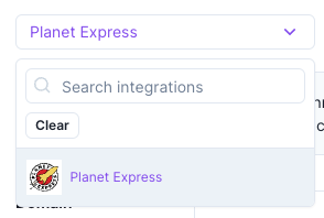 A screenshot of an uploaded integration called Planet Express is visible in the Search Integrations dropdown.