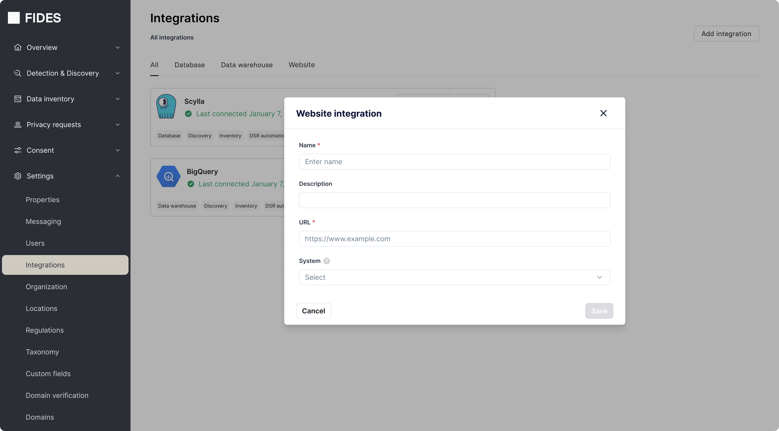 Website integration modal