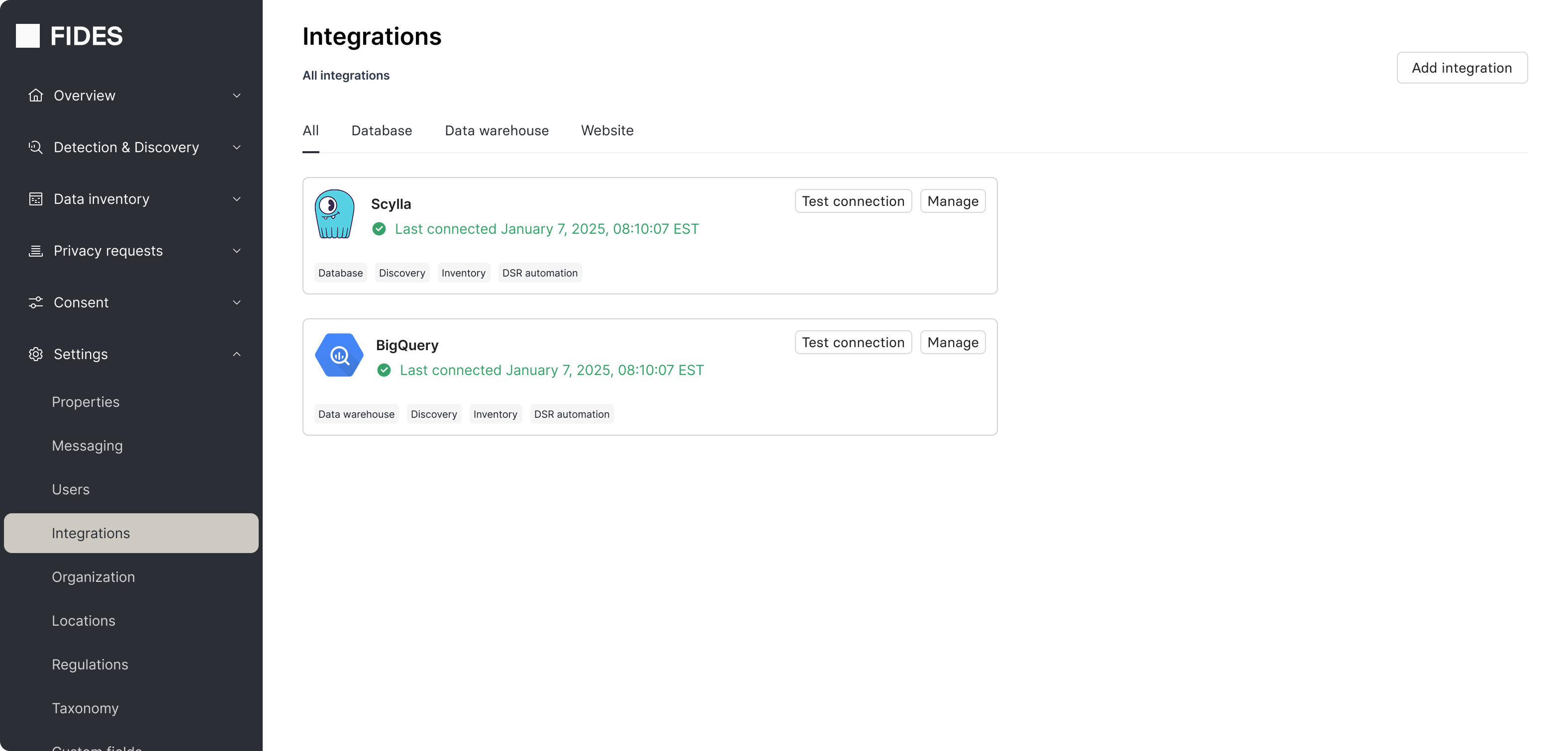 Integrations view