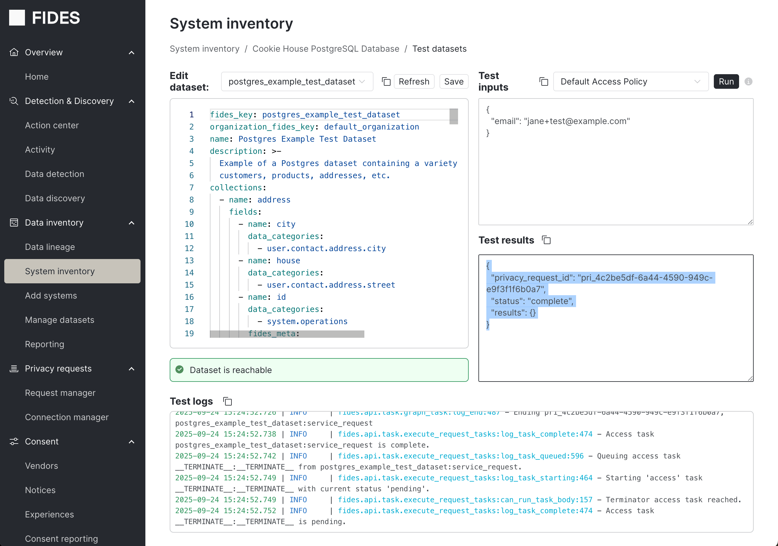 Dataset testing UI showing that a value does not exist.