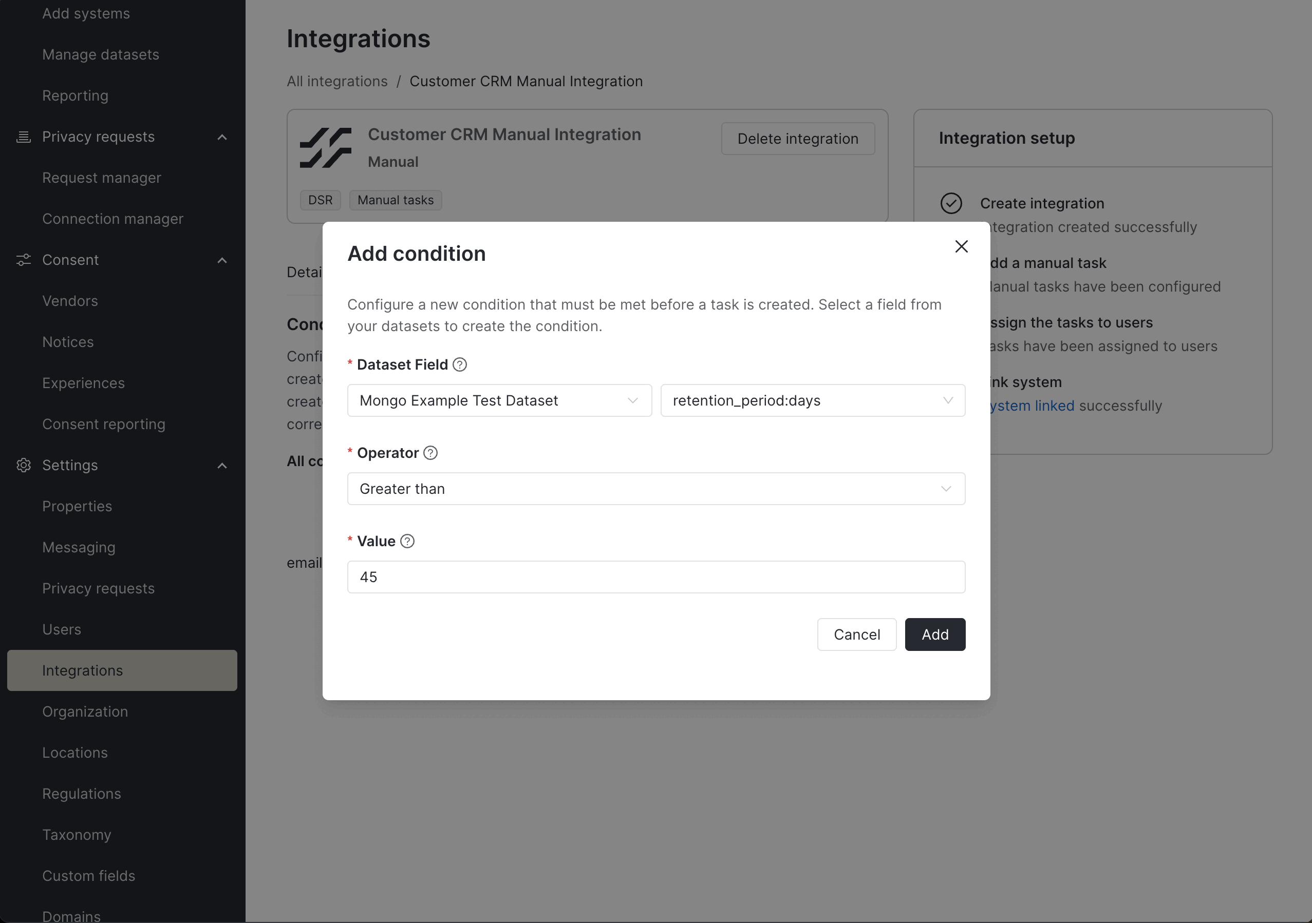 Creating a new condition that checks if a value is greater than 45.