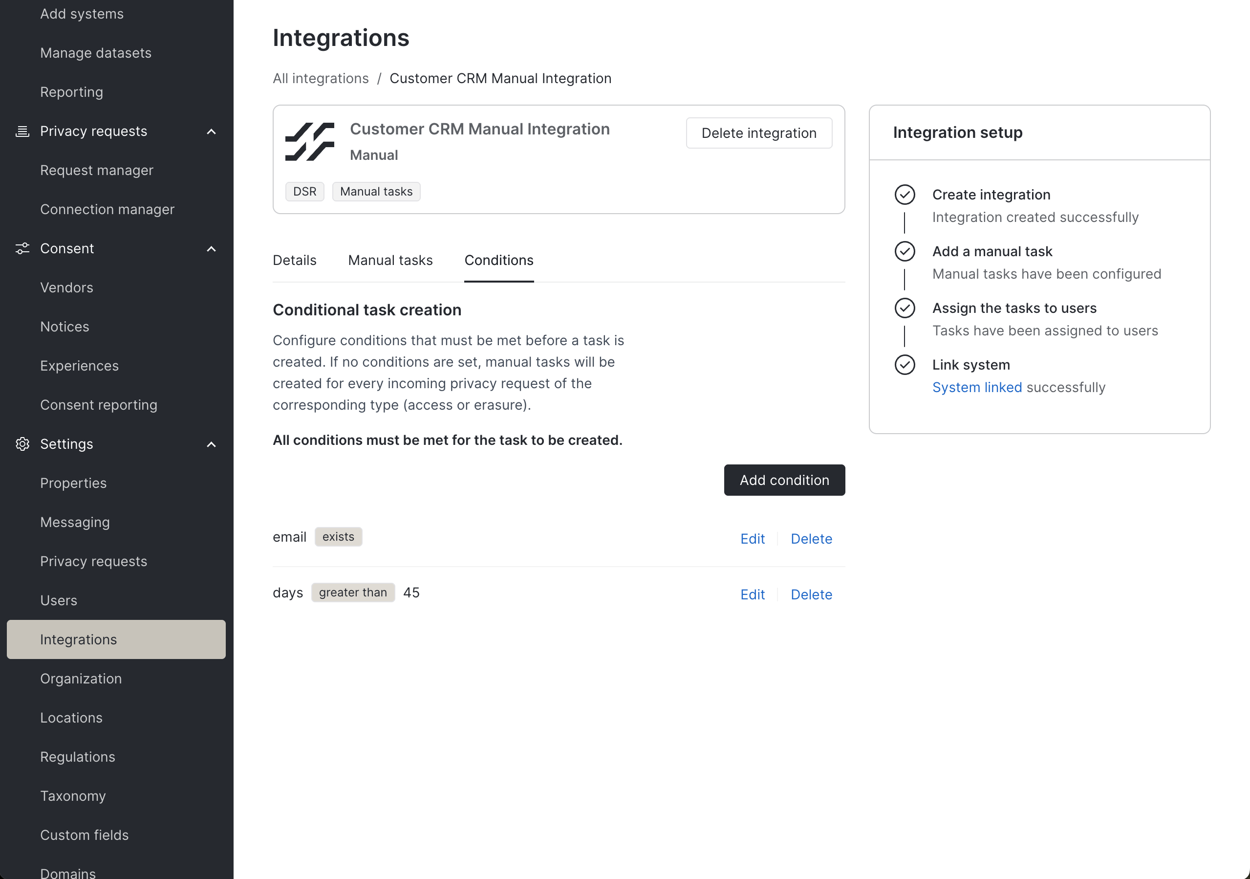 Dataset testing UI showing multiple conditions.