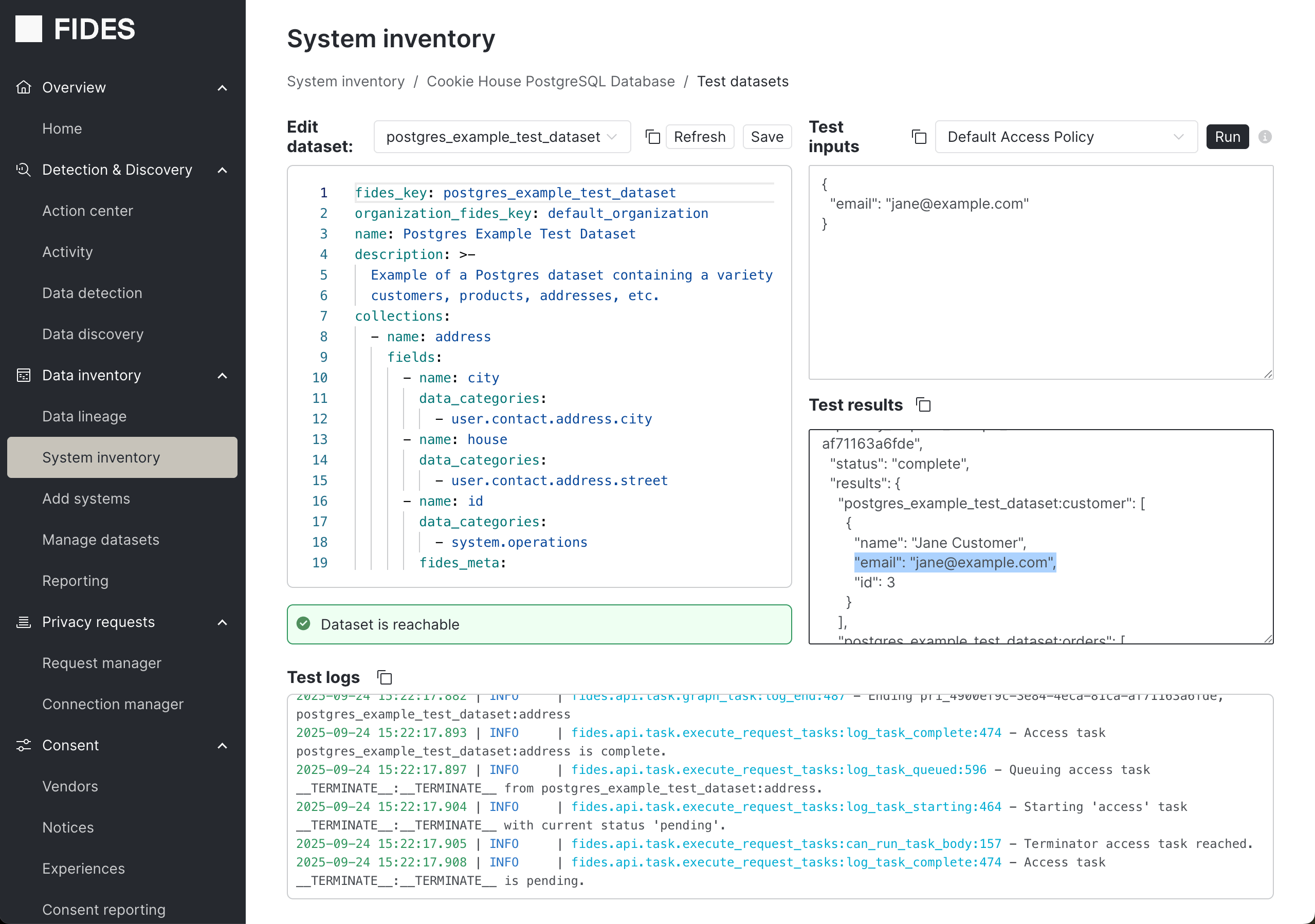 Dataset testing UI showing that a value exists.