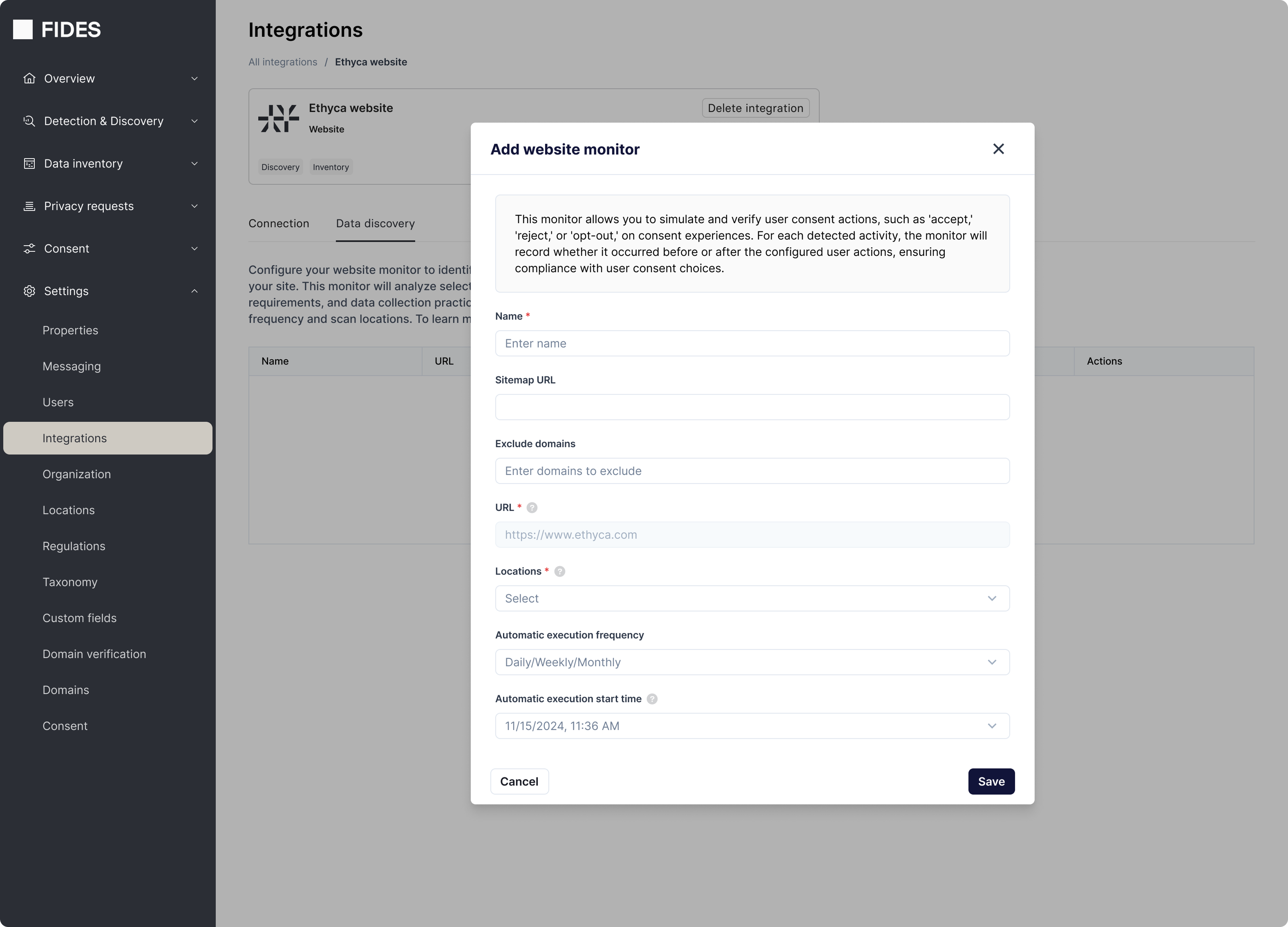 Website monitor modal