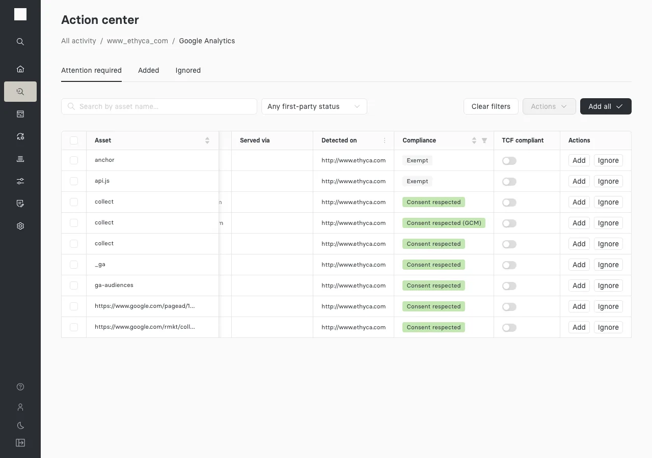 A vendor's assets after review: two security scripts recategorized as essential now show Exempt, and the warning icon is gone