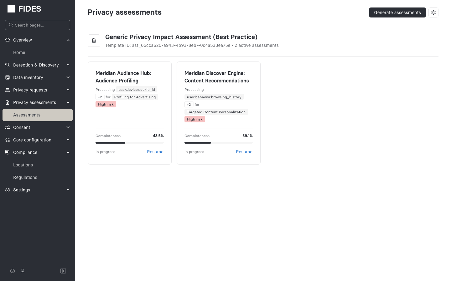 The assessments list showing completeness progress bars and high-risk badges