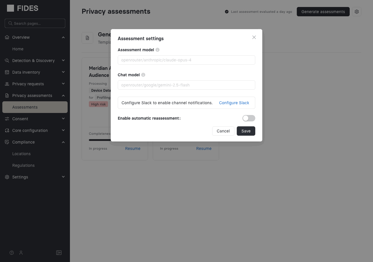 The Assessment settings dialog showing model fields, Slack configuration link, and automatic reassessment toggle