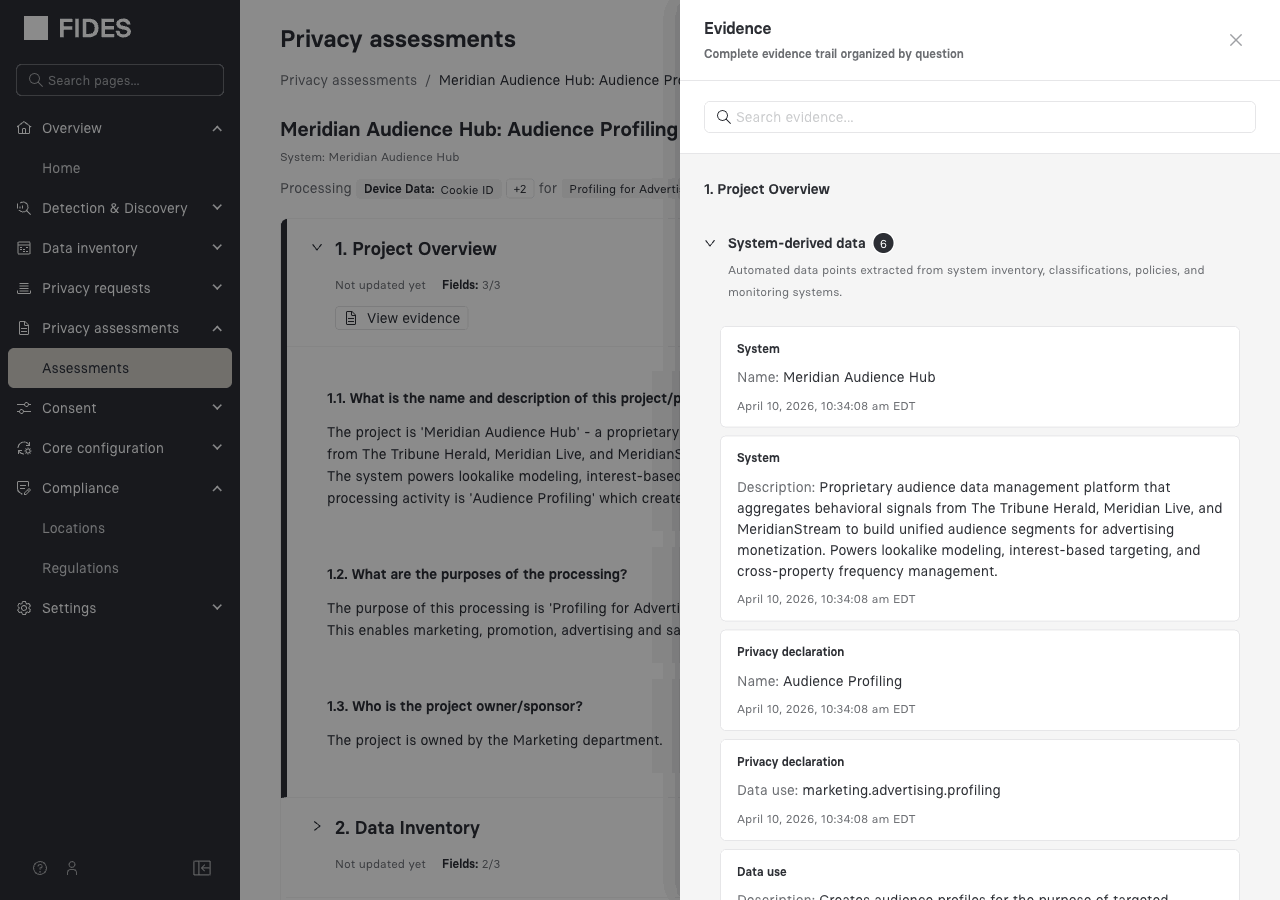 The evidence drawer open, showing system-derived data citations with timestamps