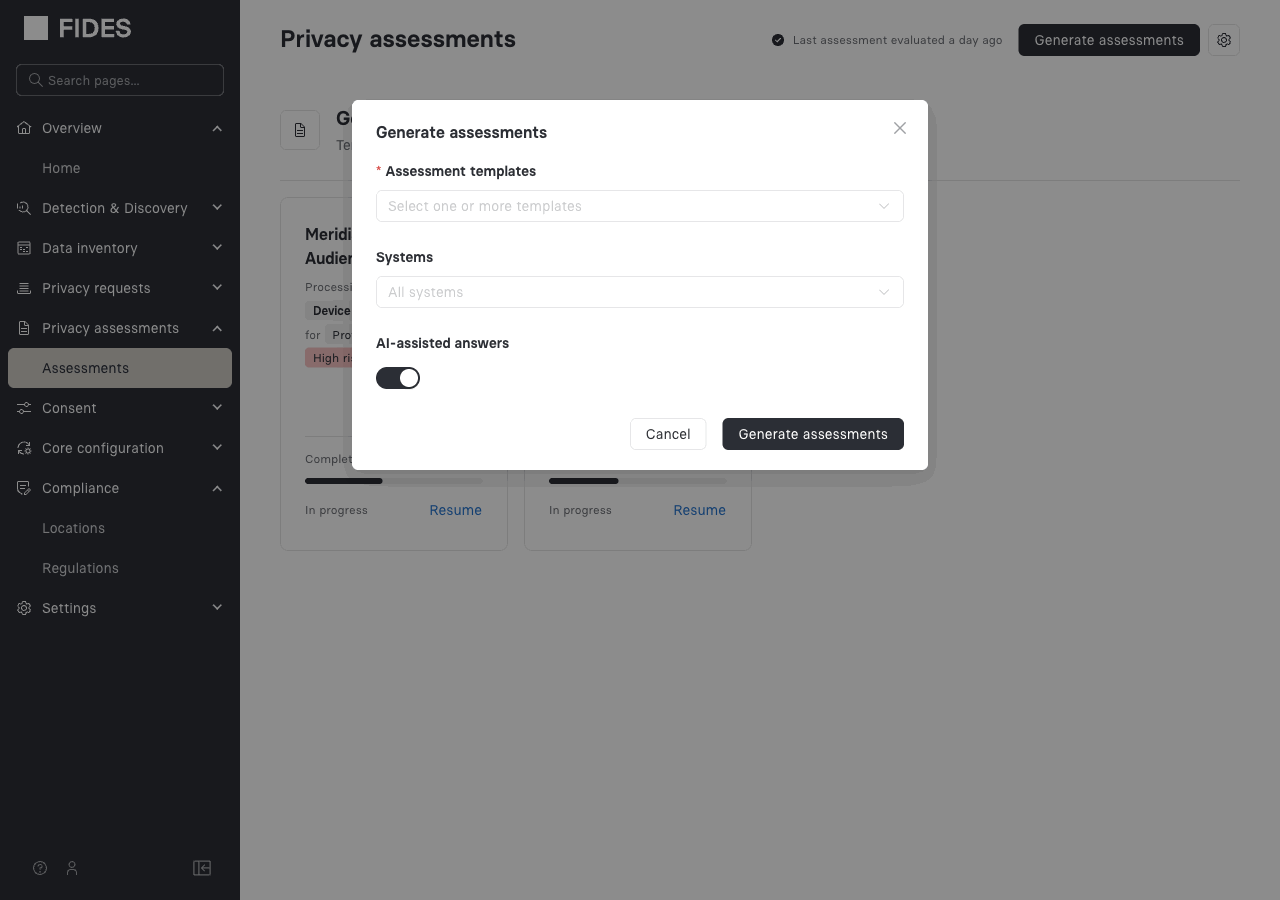 The Generate assessments dialog showing template selection, system filter, and AI-assisted answers toggle