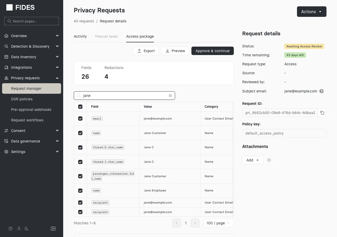 Search results for a value across the access package, listing every field that matches with its value, category, and source system