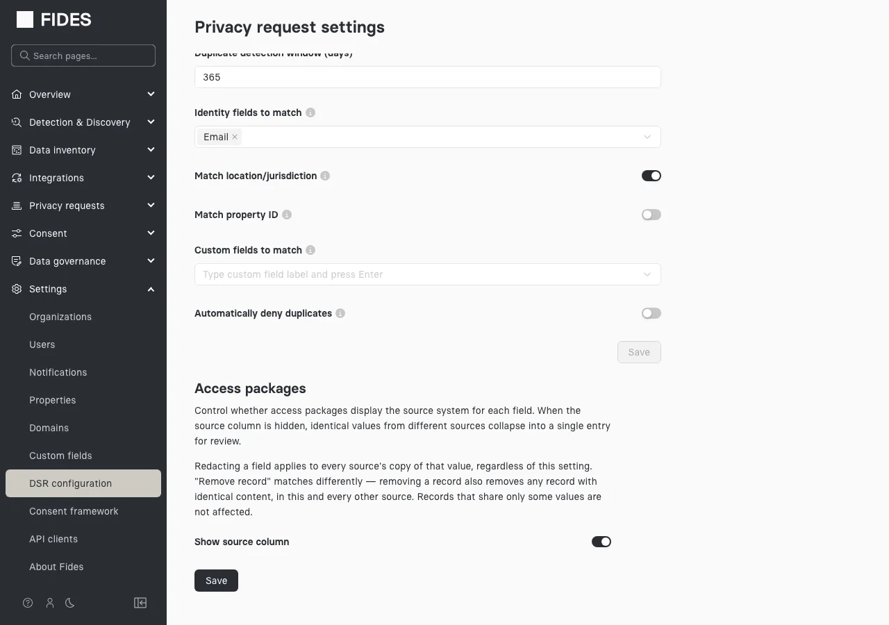 The Access packages section of the privacy request settings, with the Show source column toggle