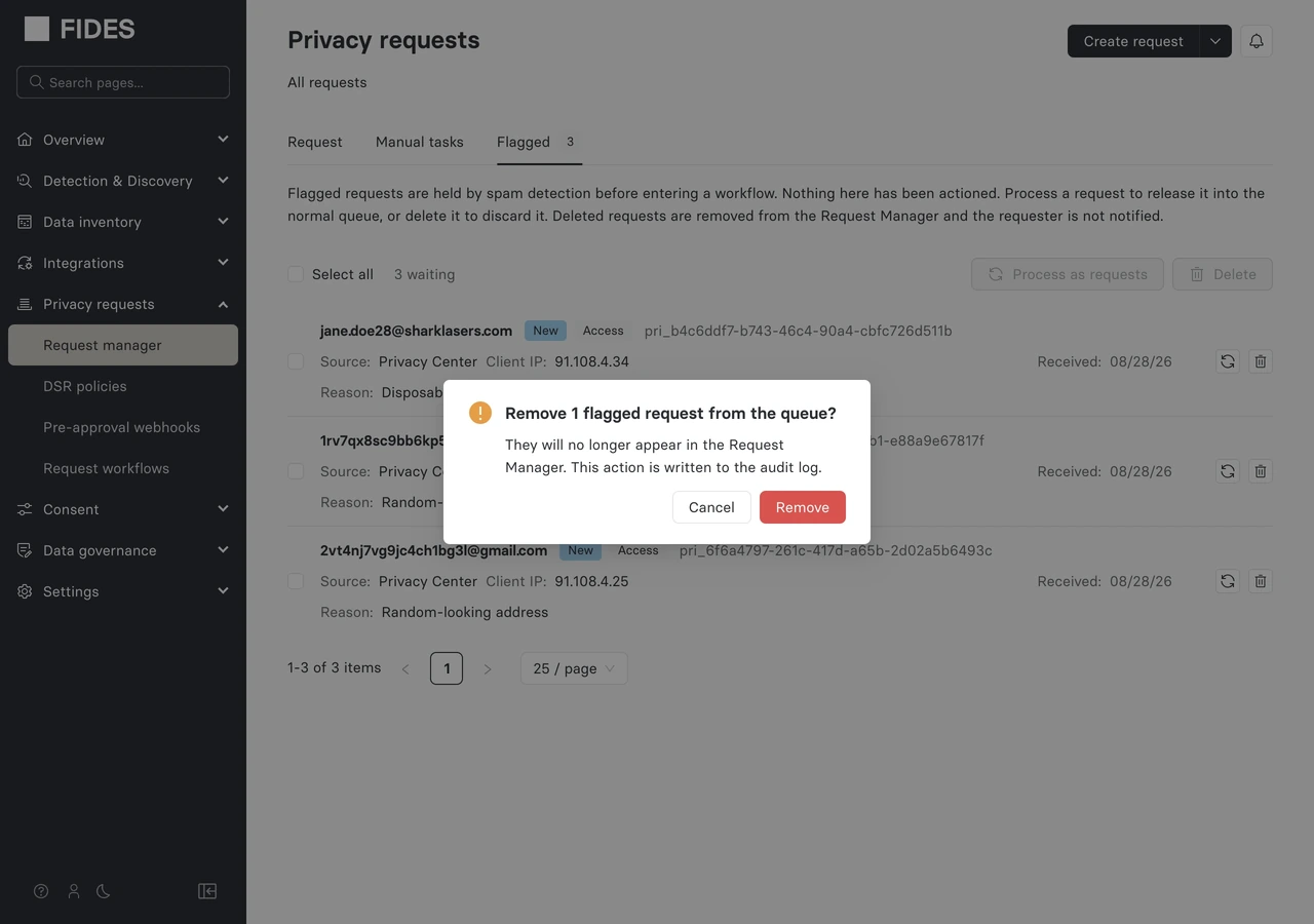 Confirmation dialog for removing a flagged request from the queue