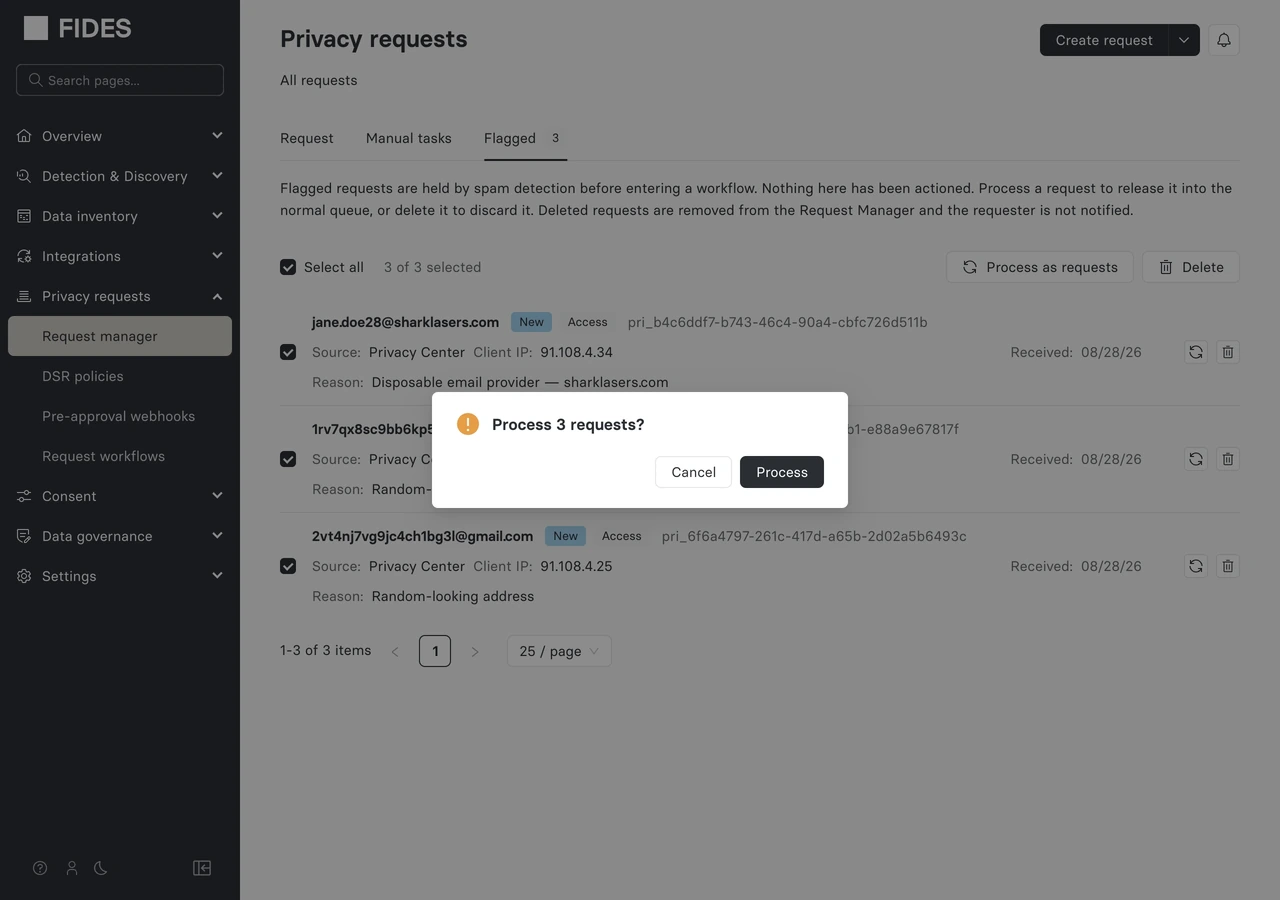 Confirmation dialog for processing 3 flagged requests