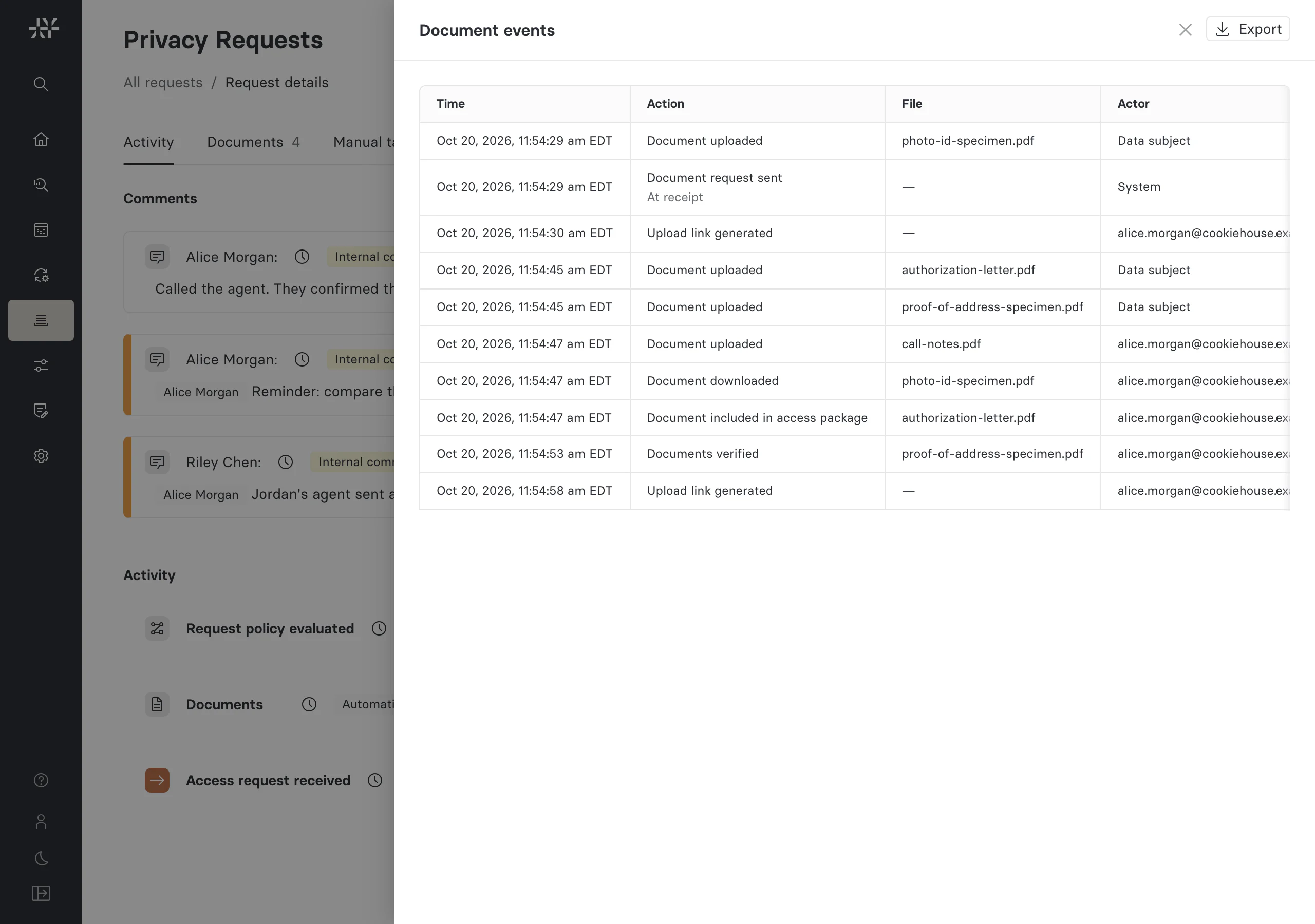 The Document events drawer, listing document uploads, a download, an access package change, and the verification, each with its time, file, and actor, and an Export button