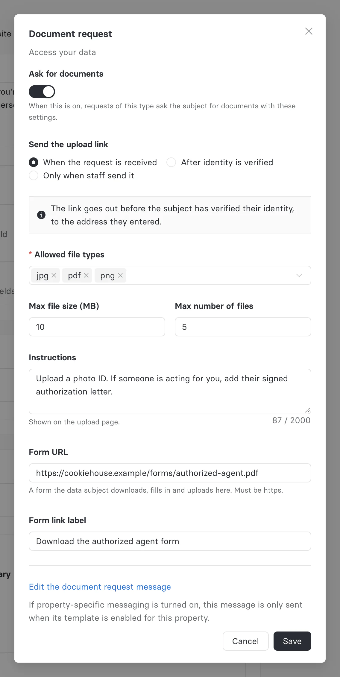 The Document request dialog for the Access your data request type, with Ask for documents on, the upload link set to go out when the request is received, and file limits, instructions, and a form link filled in
