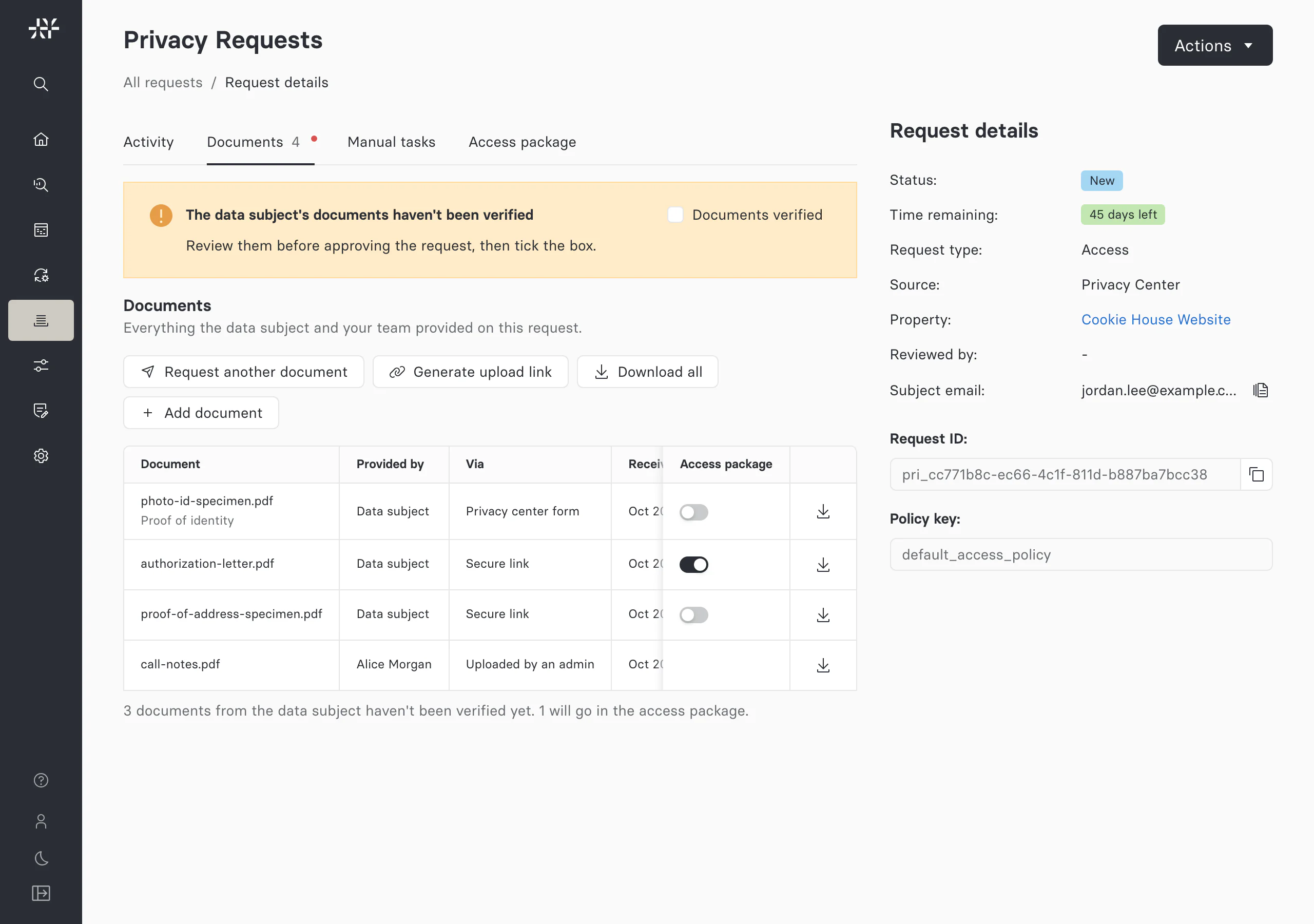 The Documents tab of a privacy request, listing documents from the Privacy Center form, the secure upload link, and an admin upload, with the Documents verified checkbox and an Access package switch on each data subject document