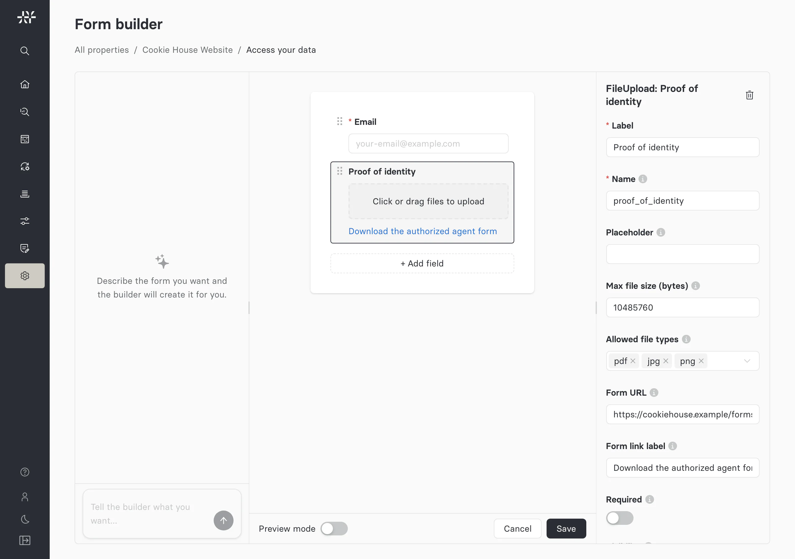 The form builder with a Proof of identity file upload field selected, and its properties panel showing the allowed file types, Form URL, and Form link label