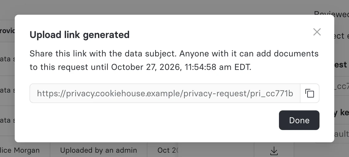 The Upload link generated dialog, showing a secure upload link with a copy button and the date it expires