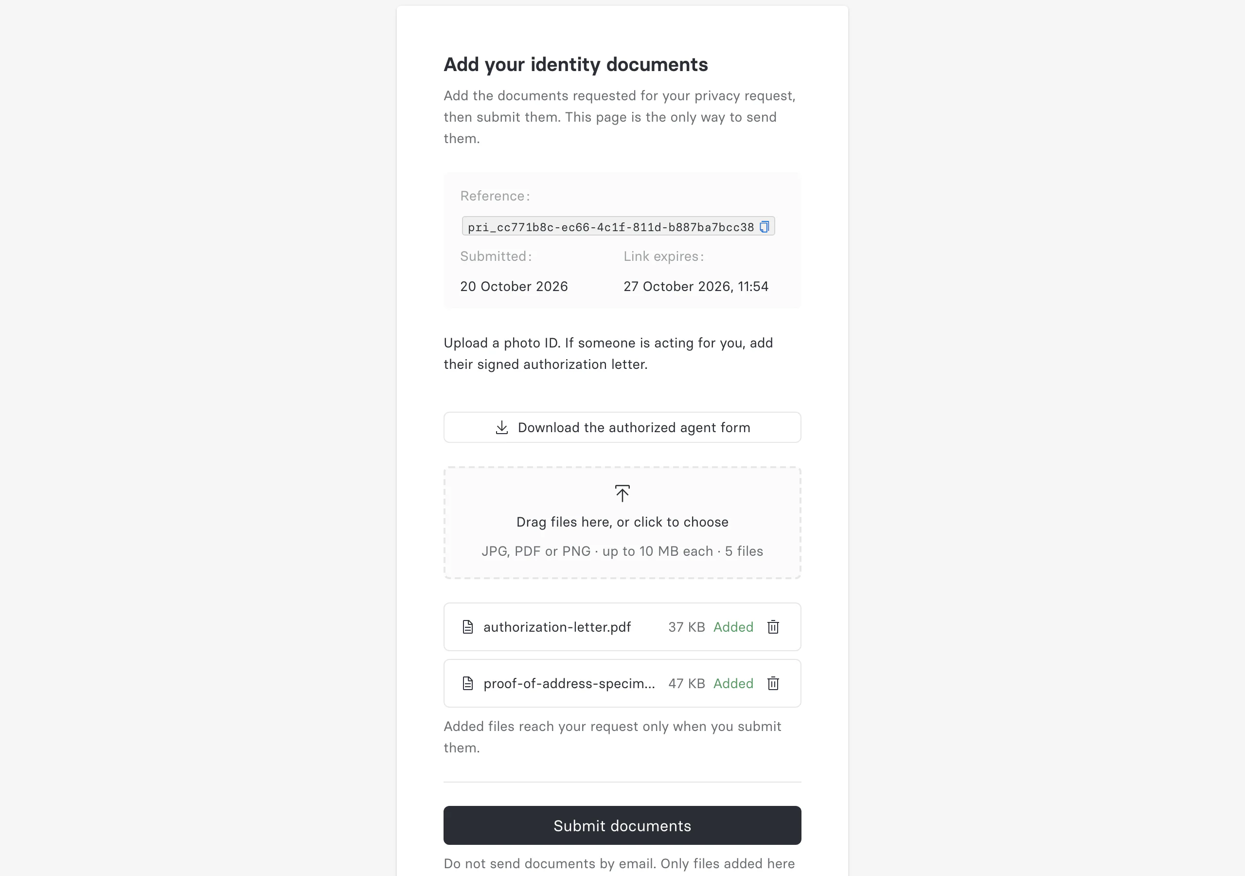 The Privacy Center Add your identity documents page, showing the request reference, link expiry, instructions, a link to download the authorization form, and two files marked Added before they're submitted