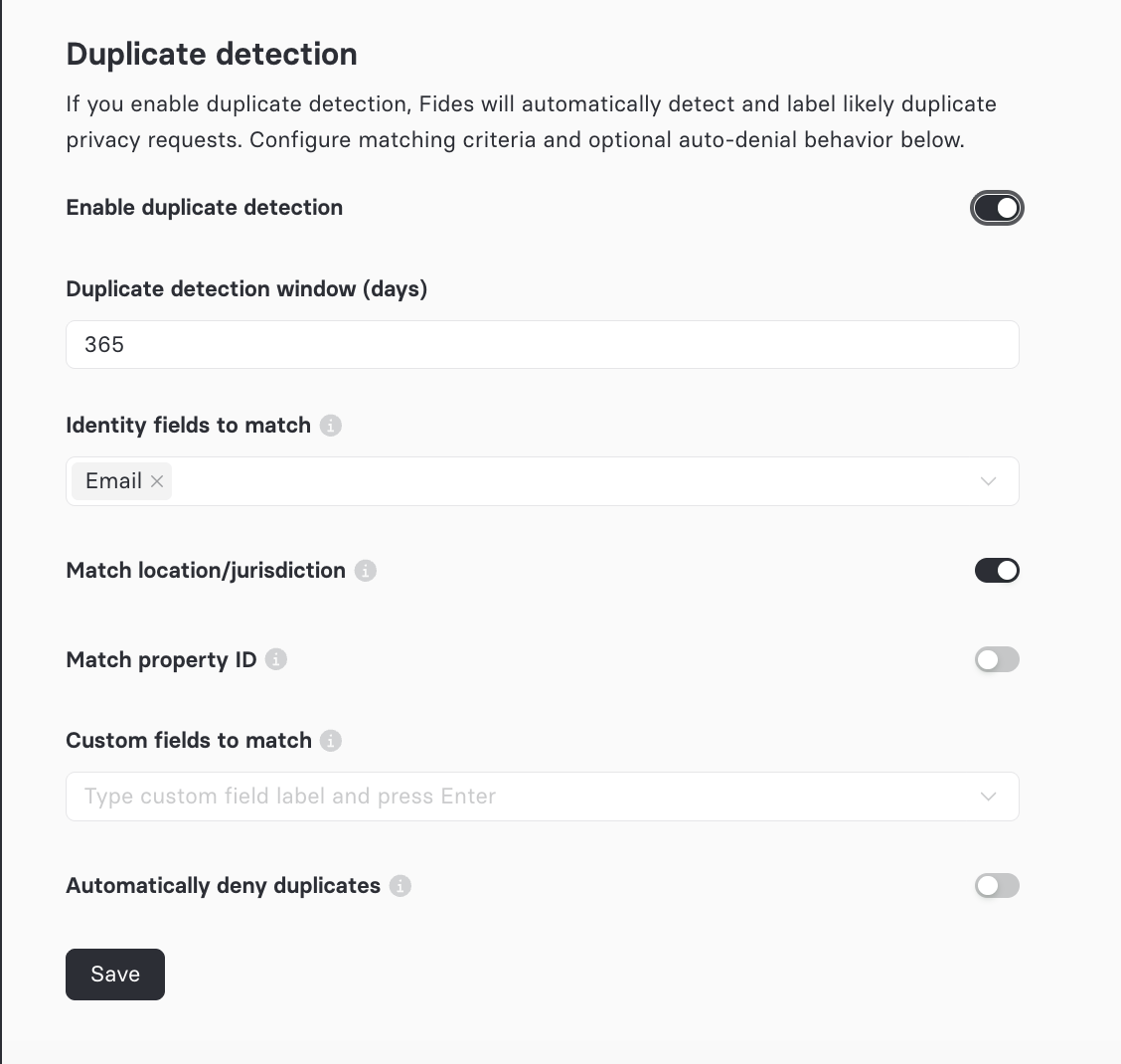 Duplicate detection settings showing the matching criteria: detection window, identity fields, match location/jurisdiction, match property ID, and custom fields