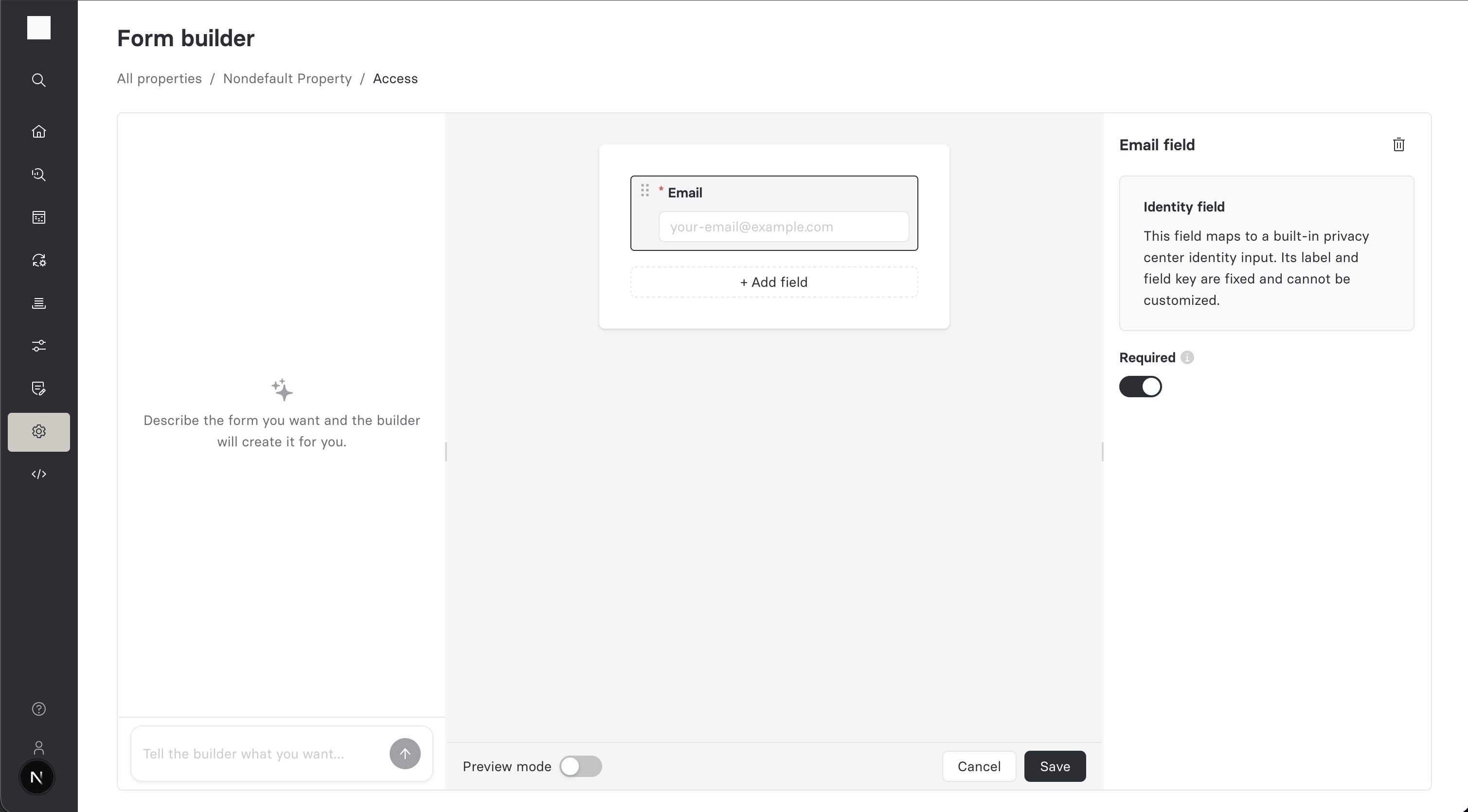 Form builder three-panel layout