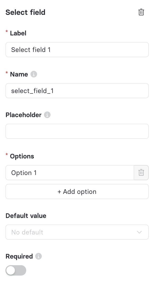 Properties panel showing configuration for a Select field.