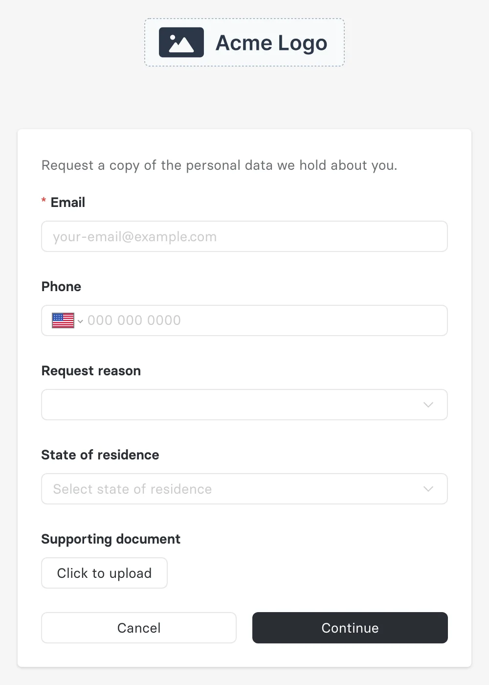 The form as a data subject first sees it in the Privacy Center. Tell us more is hidden until Request reason is set to Other.