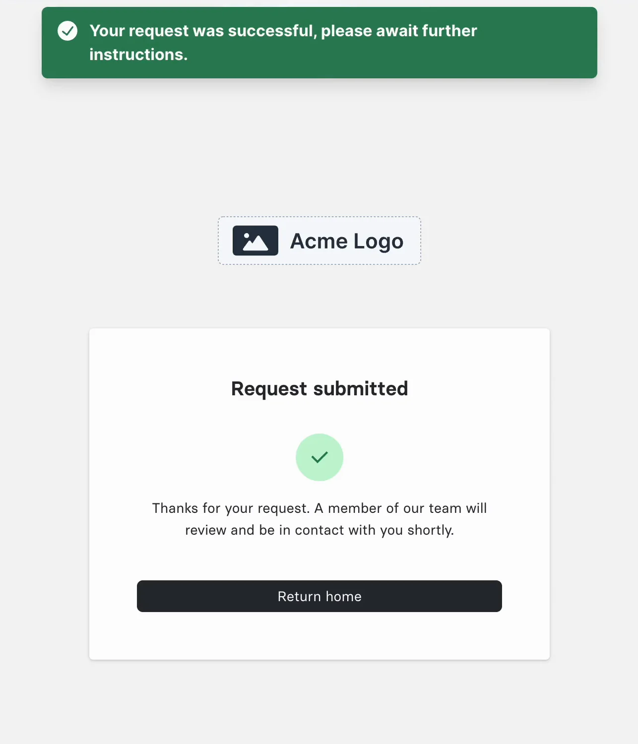The Privacy Center confirmation after the request is submitted