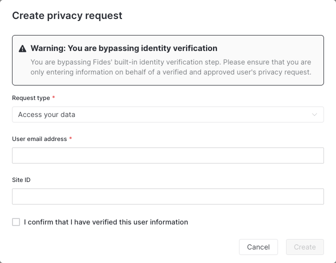 Submitting a privacy request through the Admin UI
