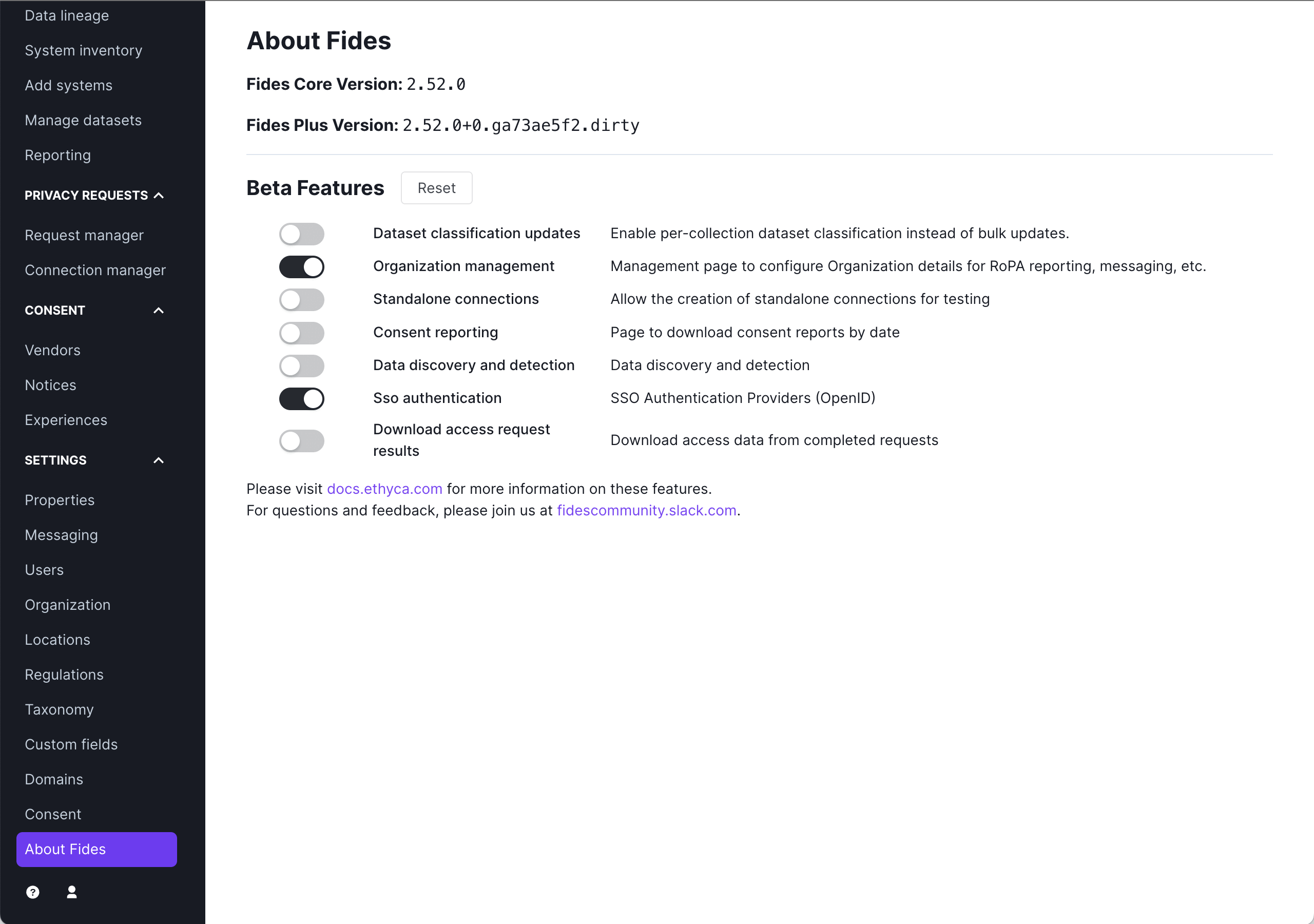 Beta flags for SSO in the About Fides tab
