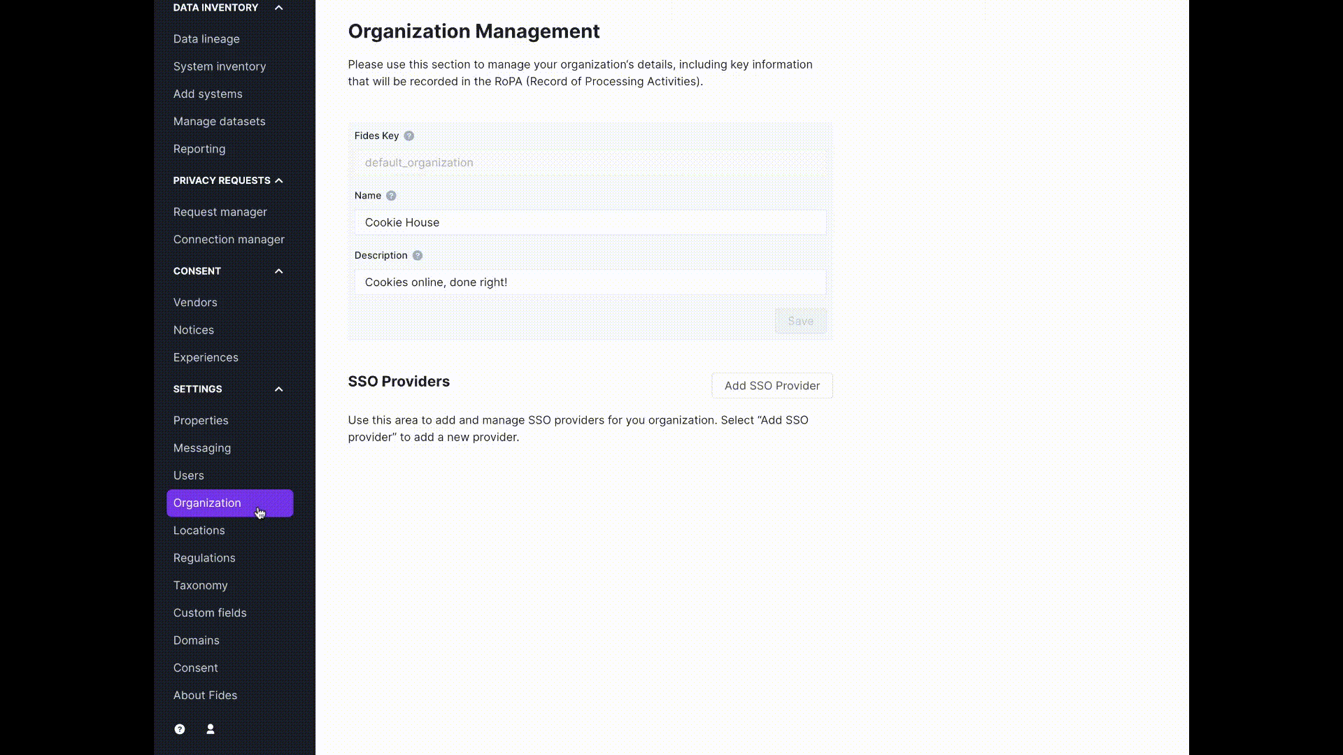 Selecting an SSO provider from the organization tab.