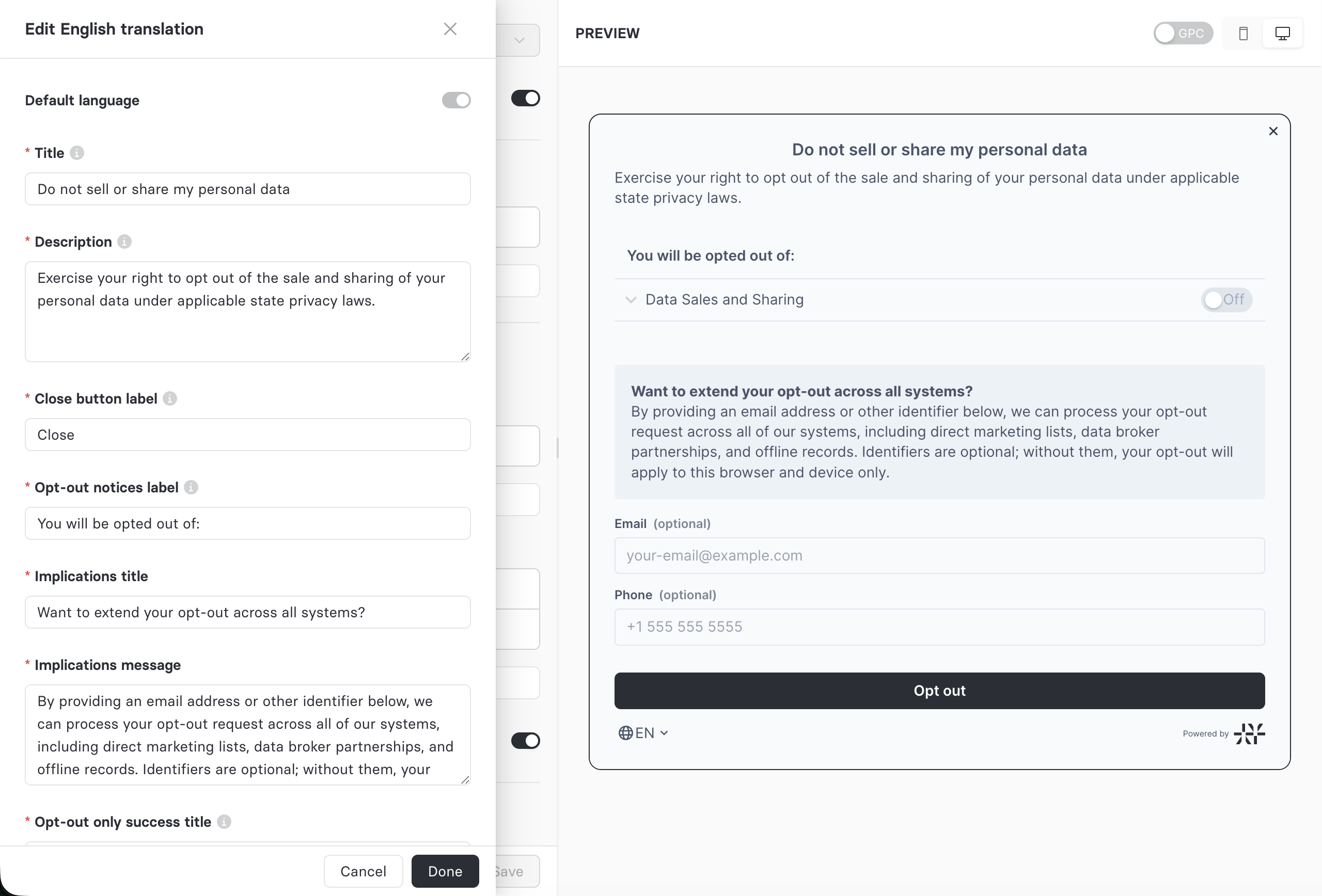 Consent Management - Consent Form text and translations