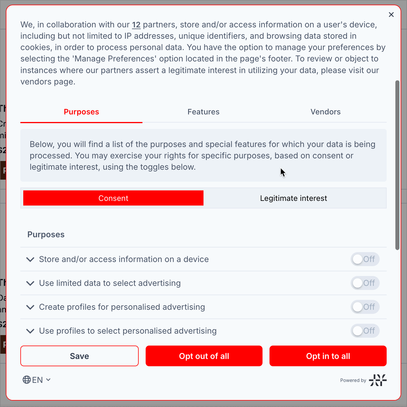 Consent Management - TCF Popup