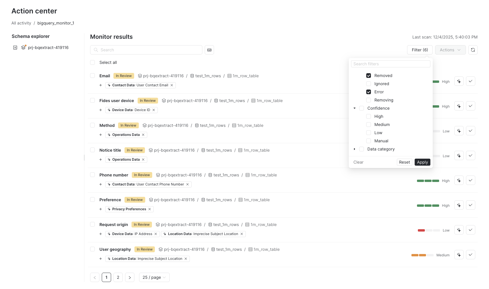Filtering by confidence score in Schema Explorer