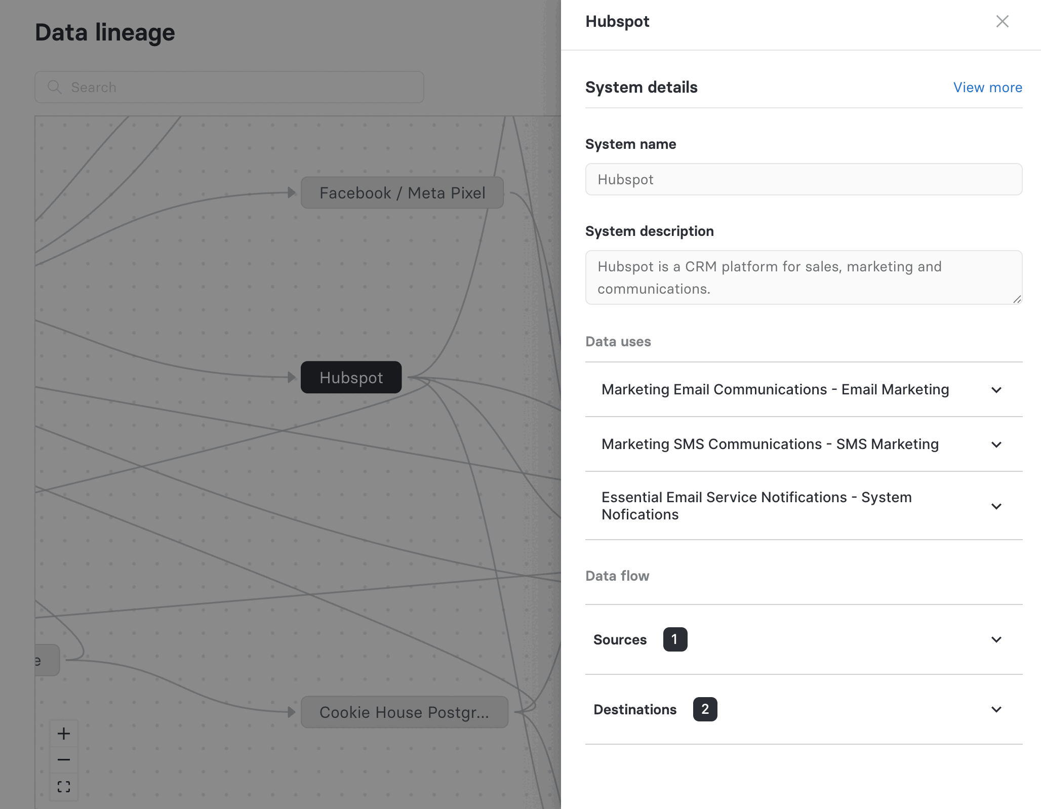 System details drawer on the Data Lineage page