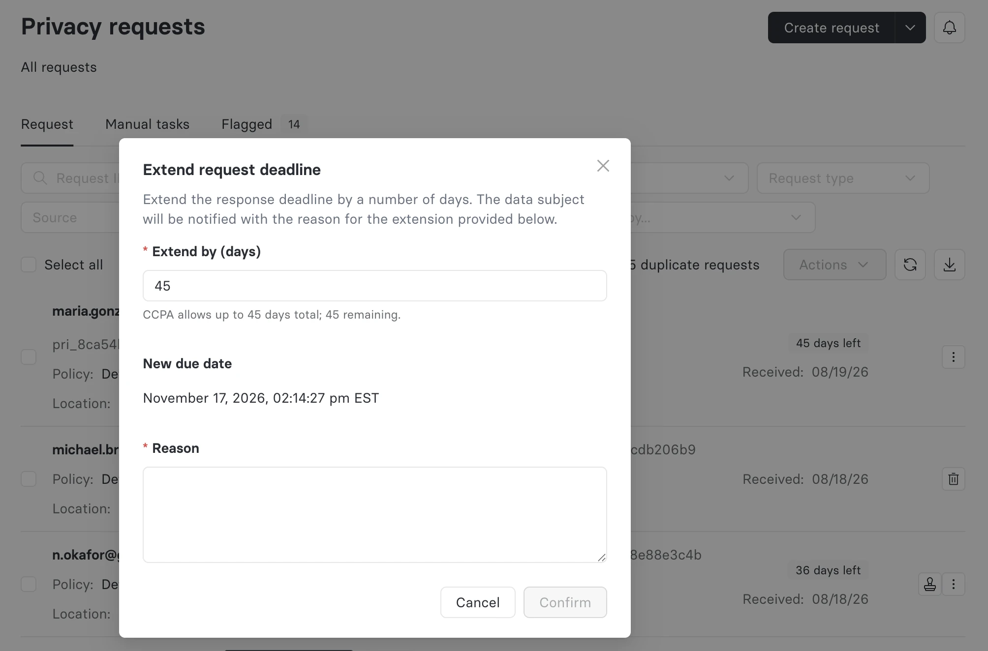 Extend request deadline dialog for a California request, with the days field prefilled at 45 and a caption reading CCPA allows up to 45 days total, 45 remaining
