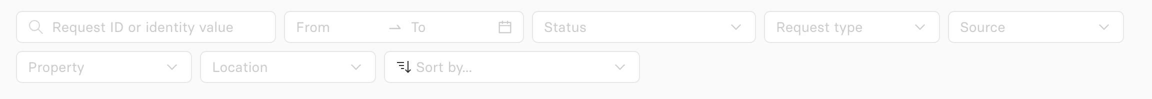 The Request Manager filter bar, with search, date range, status, request type, source, property, location, and sort controls